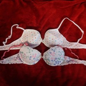 White Polka Dot & Floral Printed Push-Up Bra Duo - Women's Intimates